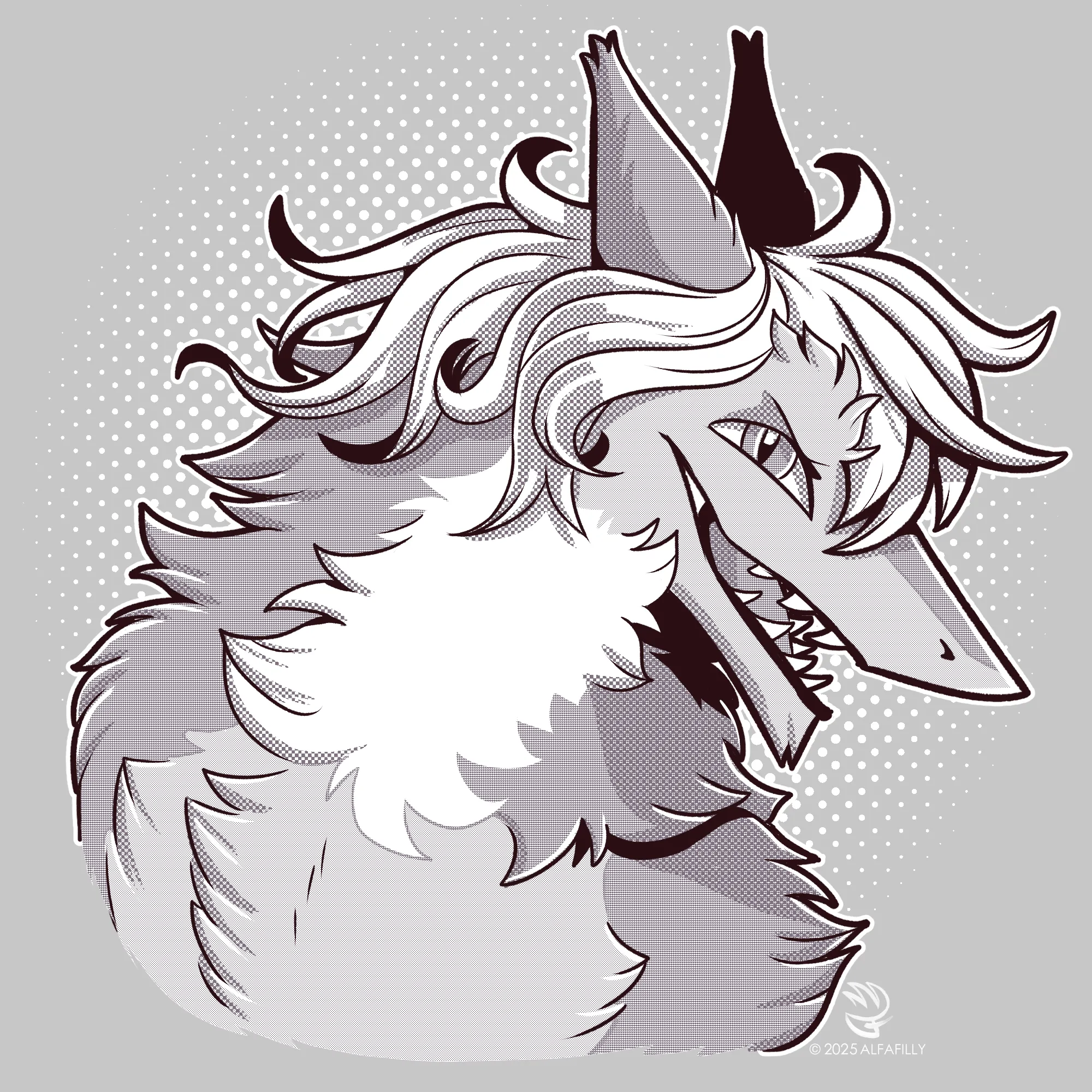 A sergal looking over their shoulder at the viewer and smiling.