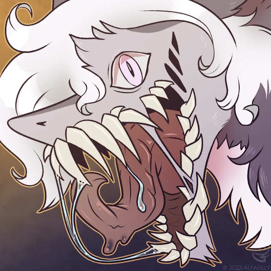 A gray sergal with white hair and pink eyes, looking at the viewer, with a monstrous grin. They have way too many teeth and their flesh is melting together.