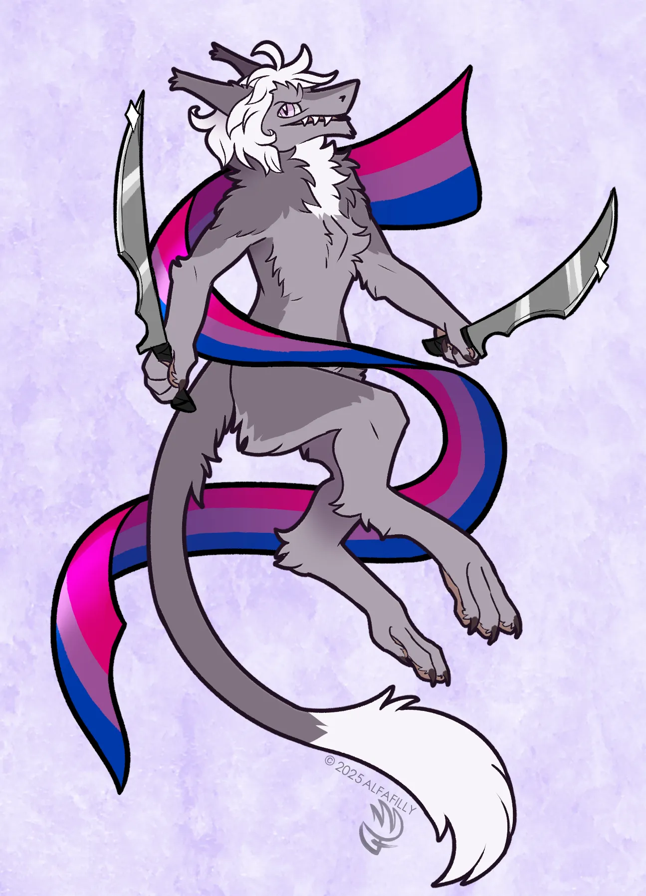 A sergal with white hair, gray fur, and pink eyes with a fierce expression, holding blades in both their hands. A bi pride flag banner wraps their body.