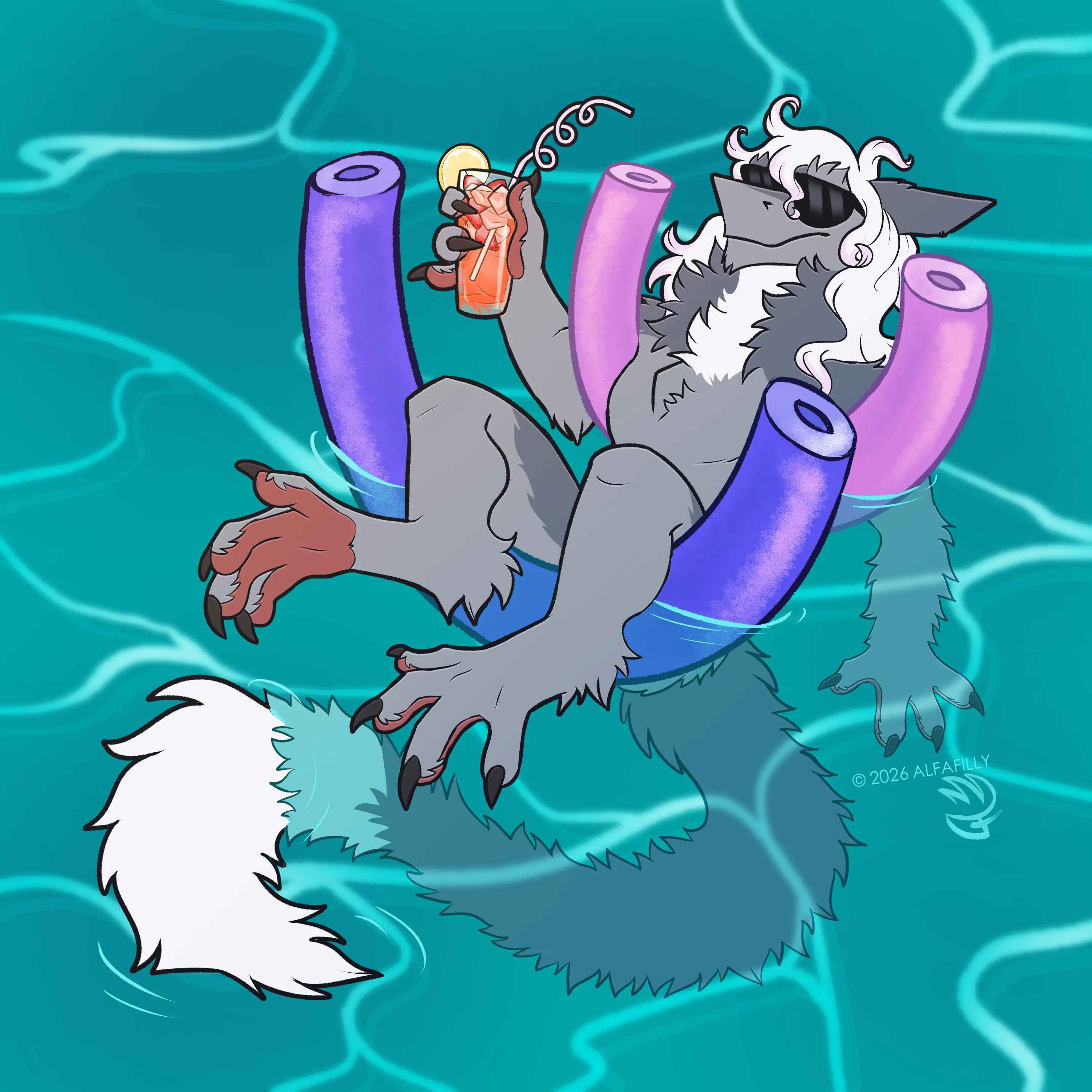 Xenu the sergal floating in a pool atop two pink and purple pool noodles. They're wearing cool sunglasses and have an orange beverage in their hand, with a lemon and crazy straw.'