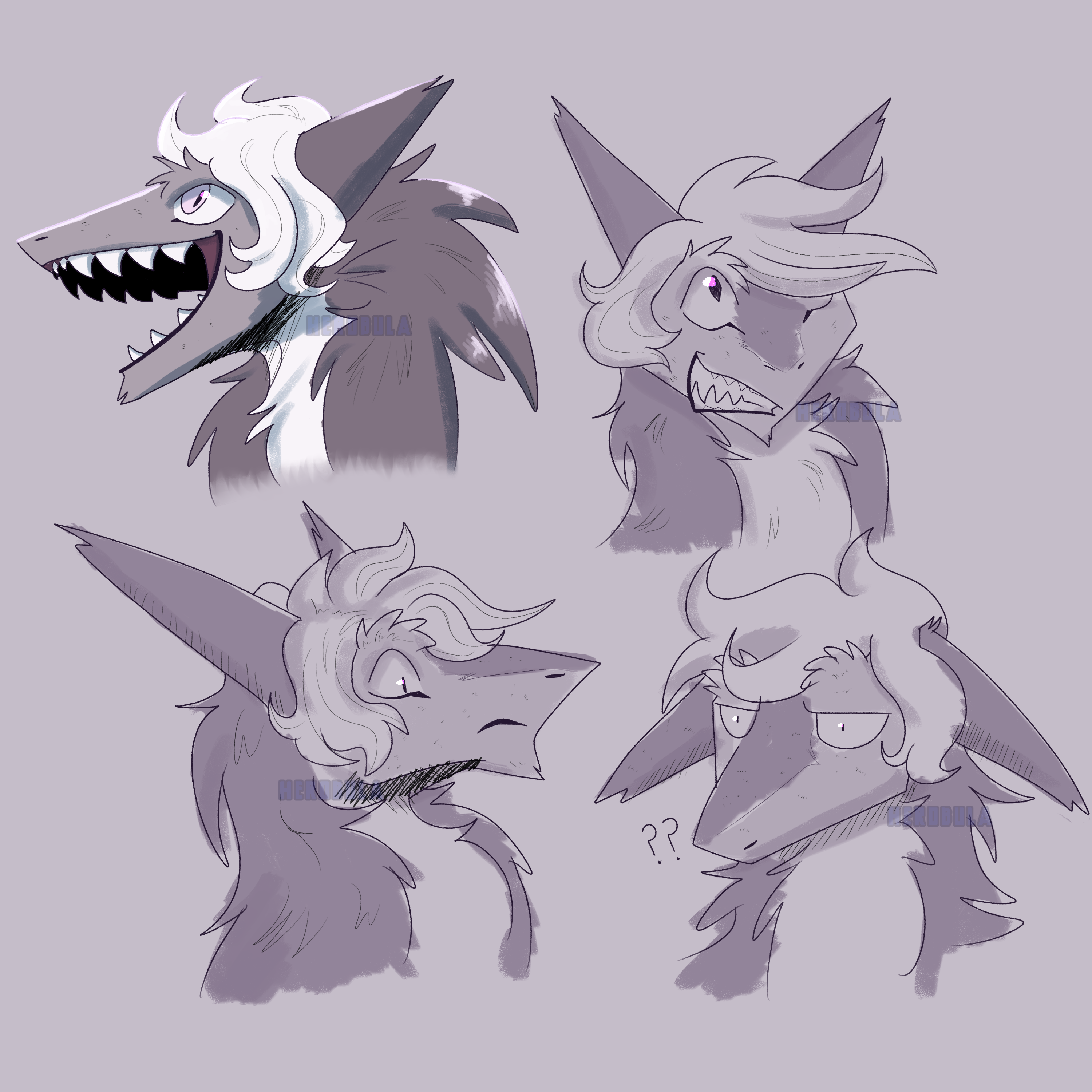 Four sketches of Xenu: a side shot of him smiling, a front shot of him grinning, one of him with a worried expression, and another with a confused and disappointed expression.