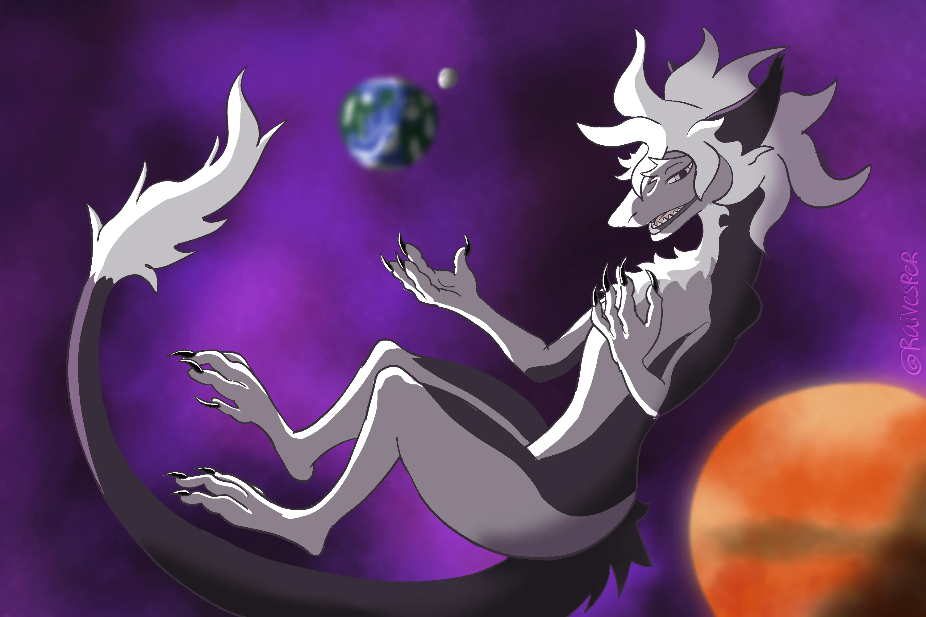 A sergal with white hair, gray fur, and pink eyes floating in space. Mars, the Earth, and the moon are in the background. They're in a cloud of purple gas.
